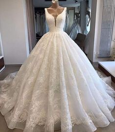 a wedding dress on display in a store