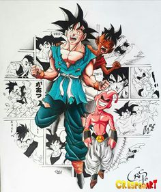 a drawing of gohan and trunks in front of an image of the same character