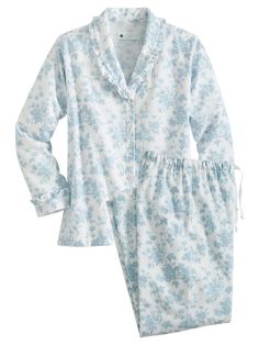 Soft, feminine, and trimmed with beautiful ruffles...that's how we'd describe these lovely flannel pajamas. The pajama top is styled with a flattering ruffled portrait collar and an easy, relaxed fit; the matching bottoms have a full elastic waist with drawstring. Other details include a shirttail hem, long sleeves with ruffled cuffs, and side-seam pockets. Beautiful toile print on our softest all-cotton flannelBrushed flannel is plush, soft, and always warmButton-front top has a flattering port Blue Cotton Sleepwear With Ruffles, Toile Print, Flannel Nightgown, Vermont Country Store, Best Pajamas, Flannel Pajama Sets, Flannel Pajamas, Country Store, Pajama Top