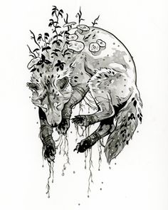 an ink drawing of two wolfs in front of a full moon with spooky eyes