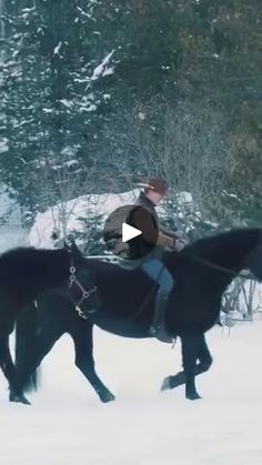 two people riding on the back of black horses in snow covered field with trees behind them