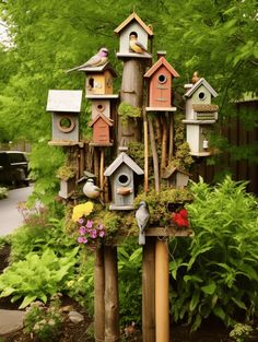 a bird house made out of wooden posts