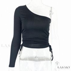 Lasaky - Stylish Drawstring Short Shirt with One-Shoulder Long Sleeves and Waist-Revealing Design Midriff Outfits, Yoga Sets Outfit, Cropped Outfits, Sets Outfit, Outfit Top, Short Shirt, Short T Shirt, Asymmetrical Tops, Women Sleeve