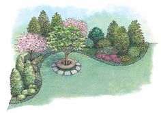 an artist's rendering of a garden with trees, shrubs and stones in the center