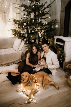 a man and woman sitting next to a christmas tree with a dog on the floor