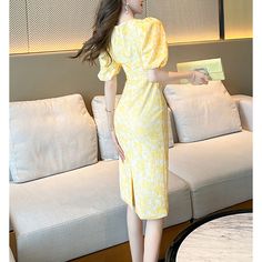 Sweet Slim Puff Sleeve Yollow Dress  Fabric: 75% Polyester + 25% Cotton  Size: S, M, L, XL, 2XL Color: Yellow Neck type: Crew Neck Waist type: High Waist Dress length: Midi Dress Occasion: Leisure, Outdoor, Daily, Vacation    * Pls be careful to choose the size before you order. * Pls allow little color difference caused by camera and computer monitors. Thank you! Important Notes: Please Use Similar Clothing To Compare With Size 1. The size refers to clothing dimensions, NOT your body measurements. 2. Please check the measurement chart carefully. Especially the waist and the hip. Because of different producing batches, there may be deviation of 3cm Slim And Fit, Chiffon Fashion, High Waist Dress, American People, Halterneck Dress, Puffed Sleeves Dress, Sweet Dress, Plus Dresses, Chrysanthemum