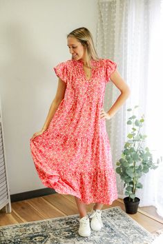 womens maxi floral dress flutter sleeve Lounge Dress Outfit, Casual Midi Dress Outfit, Midi Dress Outfit, Teal Dress, Lounge Dress, V Neck Midi Dress, Midi Dress Casual, Ruffled Sleeves, Midi Length Dress