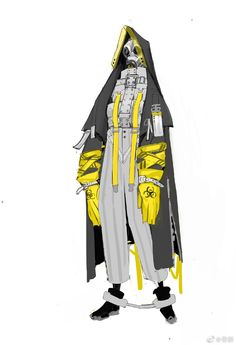 a drawing of a man in a yellow and black outfit with a hood on his head