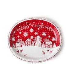 a red and white plate with merry christmas written on it