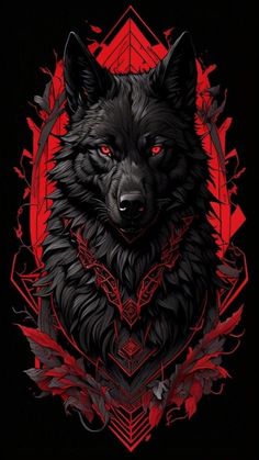 a black wolf with red eyes and an intricate design on it's chest is shown