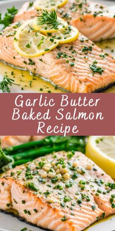 garlic butter baked salmon recipe on a plate with lemons and asparagus