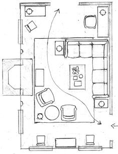 a drawing of a living room with couches, tables and other furniture in it