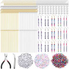 several pairs of scissors, pins, and beads are shown in this collage photo