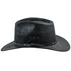 Brand new leather cowboy hat with wide ca.8 cm/3.15 inch brim. Made of genuine cattle leather (stiffened). There is a bendable metal wire in the external part of the brim. Hat with a leather sweatband inside and decorative leather belt as a band sewn down to the outside of the crown. On 1 side of the crown there are 3 ventilation eyelets. Crown height in the highest point is ca.13 cm/5.1 inch. Available in big xl and xxl sizes. Precise handmade craftsmanship from Sterkowski's family-run workshop Western Style Leather Fedora With Flat Brim, Western Leather Fedora With Flat Brim, Leather Fedora For Rodeo With Short Brim, Rugged Leather Hats For Western-themed Events, Rugged Leather Hat Bands For Ranch, Rugged Leather Hats For Ranch, Western Style Leather Hat With Short Brim, Black Western Top Hat For Ranch, Black Western Style Top Hat For Ranch