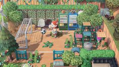 an animal crossing game is shown in the middle of a garden with lots of plants and animals