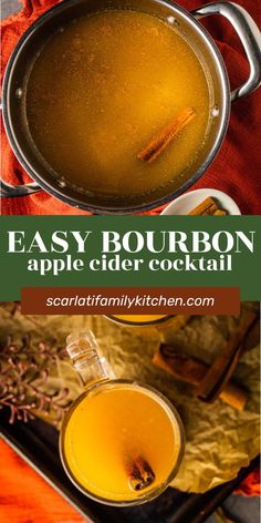 an easy bourbon apple cider cocktail with cinnamon sticks in it and the recipe below