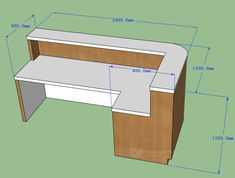 a drawing of a desk with measurements for the top and bottom section, including one drawer