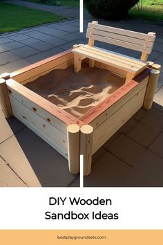 a wooden sandbox sitting on top of a sidewalk next to a park bench with the words diy wooden sandbox ideas