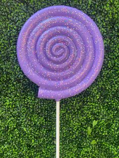 a purple lollipop sitting on top of a lush green field