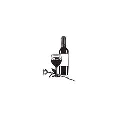 a black and white drawing of a bottle of wine with a glass next to it