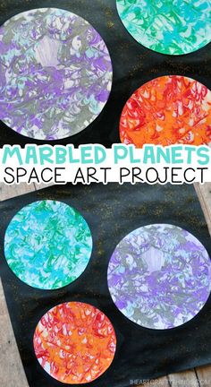 three different colored circles with text overlay that says marbled planets space art project