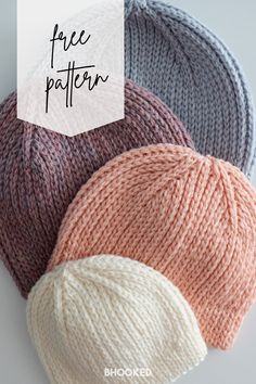 three knitted hats with text overlay that says free pattern, and four different colors