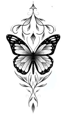 a black and white drawing of a butterfly with ornate details on it's wings