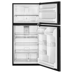 an open refrigerator freezer with its door ajar and no ice maker on the inside