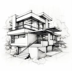 an architectural drawing of a house with stairs