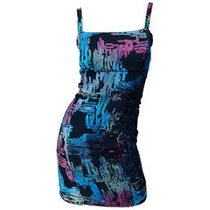 Sexy vintage 90s French designer DANIEL TEALDI Asian inspired graffiti print sleeveless mini dress! Features a black rayon blend backdrop with lurex details throughout. Vibrant colors of blue, teal, pink and purple throughout. Hidden zipper up the back with hookl-and-eye closure. Fully lined. Can easily be worn for any day or evening event. Great with wedges, sandals or flats for day, and heels or boots for evening. In great condition. Made in France Marked Size French 44, which is a US 10 / 12 Lucifer Outfits, Asian Graffiti, Graphic Dress, Wedges Sandals, French Designer, Asian Inspired, Fashion Images, Artist Style, Blue Teal