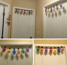 three pictures of the front door and side of a house decorated with paper hearts that say happy birthday