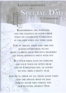 a christmas card with the words, loving memories of a special dad at christmas