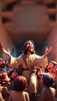 the jesus is surrounded by many children in this animated scene, and he appears to be speaking