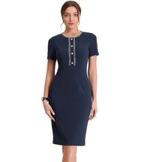 Our tweed trim dress is crafted in a body-con fit with short sleeve and button decor front. A summer-weather essential, our elegant dress is cut with tweed piped and back split hem. Occasion: wear to work, business, office, a job interview, cocktail, wedding guest, party, church, etc. Pair it with our high heels for elegant summer outfits. Fitted Short Sleeve Tweed Dress With Buttons, Fitted Tweed Dress With Buttons And Short Sleeves, Formal Short Sleeve Tweed Dress, Elegant Short Sleeve Tweed Dress With Buttons, Knee-length Buttoned Tweed Dress For Office, Fitted Tweed Dress With Buttons For Work, Knee-length Tweed Dress For Office With Buttons, Knee-length Tweed Dress With Buttons For Office, Fitted Tweed Dress For Work