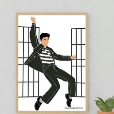 a poster with a man in jail cell holding his hand up to the bars, on top of a shelf