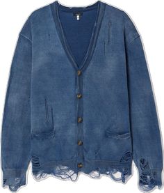 Ripped Cotton Outerwear With Relaxed Fit, Ripped Relaxed Fit Cotton Outerwear, Distressed Cotton Outerwear In Relaxed Fit, Distressed Cotton Outerwear With Relaxed Fit, Faded Cotton Outerwear With Frayed Hem, Distressed Cotton Long Sleeve Sweater, Distressed Long Sleeve Cotton Sweater, Washed Blue Distressed Relaxed Fit Outerwear, Blue Distressed Cotton Outerwear