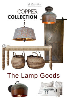 the lamp goods are on display in front of an open barn door and other items