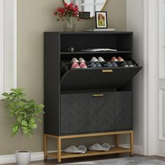 a shoe rack with shoes on it in front of a mirror and potted plant