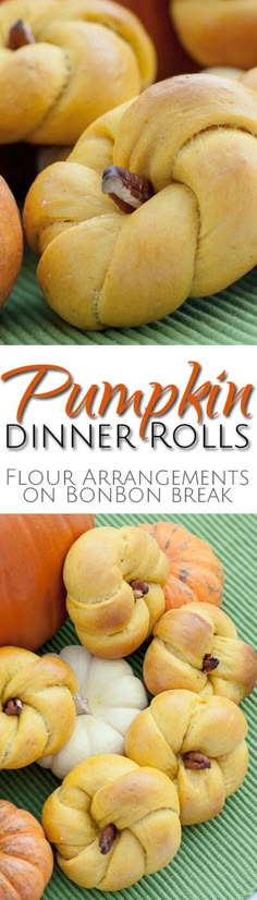 pumpkin dinner rolls on a green mat with text overlay