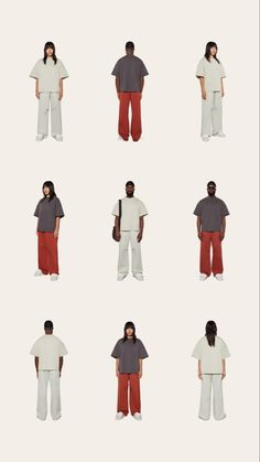 multiple images of people in different poses, all wearing white and grey shirts with red pants