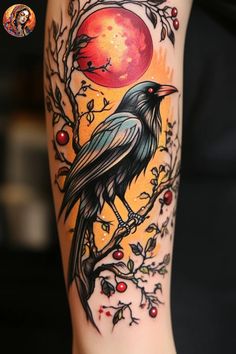 a black bird sitting on top of a tree branch next to an orange moon and red berries