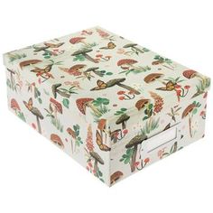 a white box with an image of birds and mushrooms on the lid, sitting on a white background