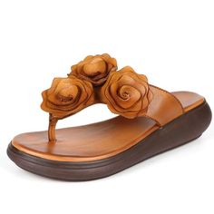 • Upper Material: Genuine Leather• Sole Material: TPR• Item Type: Slippers• Heel Height: Low (1cm-3cm)• Platform height: 0-3cm• Fit: Fits true to size, take your normal size• Insole material: PU• Pattern Type: Floral• Summer season• Lining Material: Polyurethane• Item # N634• Width Options: B - Medium  • Shipping World Casual Wedges, Brown Wedge Sandals, Flat Wedges, Brand Name Shoes, Leather Flower, Wedge Flip Flops, Women Slippers, Women Beach, Flip Flop Shoes