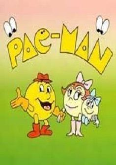 the cartoon pac - man is standing in front of two other characters, one smiling