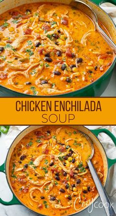 chicken enchilada soup in a big pot with chicken, beans, corn, and onions Easy Chicken Enchilada Soup, Chicken Enchilada Soup Recipes, Enchilada Soup Recipe, Simple Pantry, Pantry Ingredients, Homemade Soup Recipe, Chicken Enchilada Soup, Enchilada Soup, Chicken Enchilada