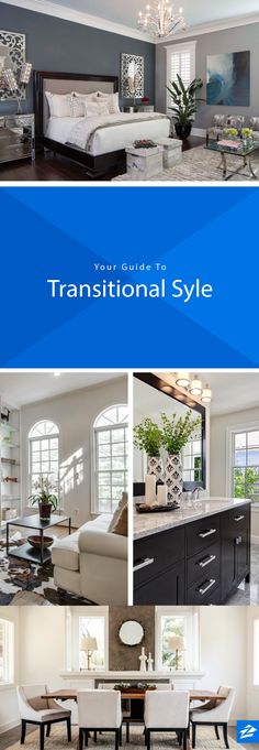 an image of a living room and dining room with the title'your guide to transitional style '