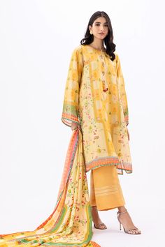 Kiyara – Sania Maskatiya International Yellow Silk Set For Summer, Traditional Summer Salwar Kameez With Printed Border, Bohemian Yellow Palazzo Set With Printed Motifs, Yellow Bohemian Palazzo Set With Printed Motifs, Yellow Silk Sets With Printed Motifs, Summer Silk Kurta With Digital Print, Yellow Anarkali Kurta With Floral Print, Yellow Chanderi Palazzo Set With Printed Motifs, Yellow Cotton Salwar Kameez With Floral Print