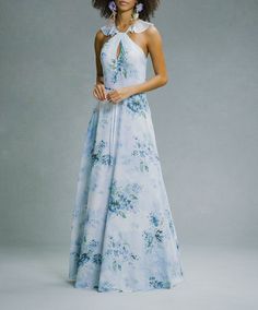 Embroidered Cocktail Dress, Gown Skirt, Fancy Nancy, Printed Gowns, Keyhole Neckline, Marchesa, Poplin Shirt, Print Chiffon, Dusty Blue