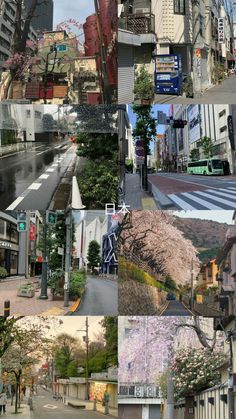 a collage of photos with buildings and trees