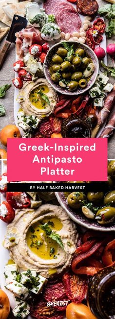 the cover of greek inspired appetizer platter with olives, tomatoes and bread